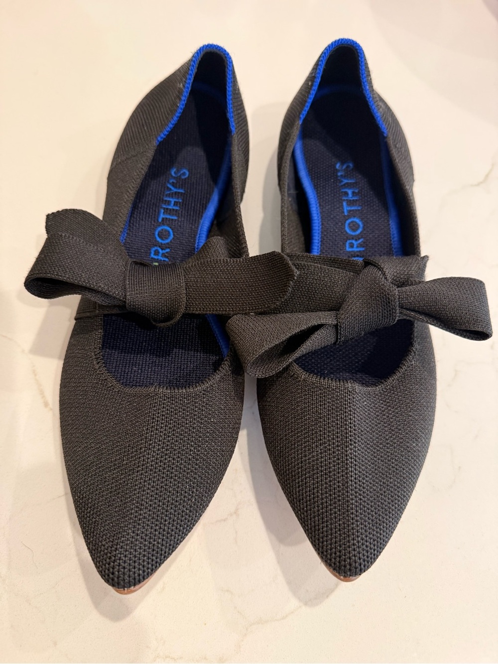 Rothy's Black Pointed Knit Bow Flats with Blue Trim